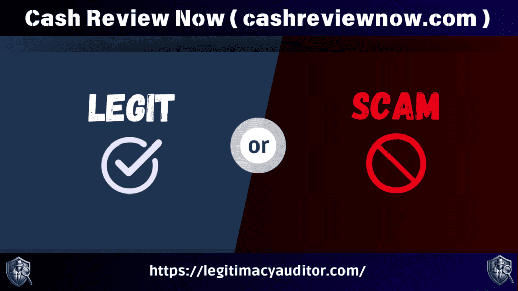 Legitimacy check graphic featuring 'Legit' in white on a blue background with a checkmark icon and 'Scam' in red on a dark red background with a prohibition icon. The name Cash Review Now (cashreviewnow.com) is displayed at the top, with a URL link to legitimacyauditor.com at the bottom.