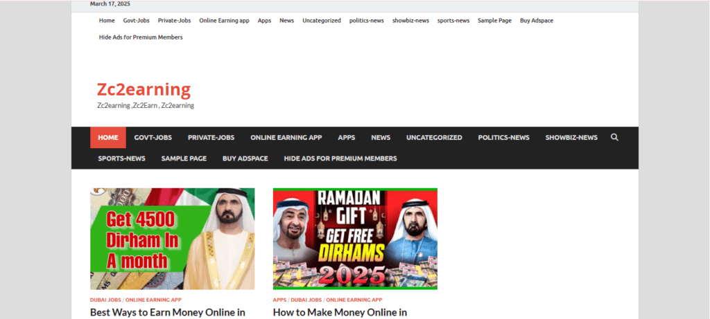 Screenshot of Homepage of Official Website of ZC2Earning