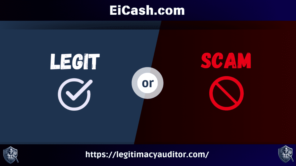 A comparison image questioning whether EiCash.com is "Legit" or a "Scam," with a blue checkmark on the left and a red prohibition symbol on the right. The image includes a link to LegitimacyAuditor.com.