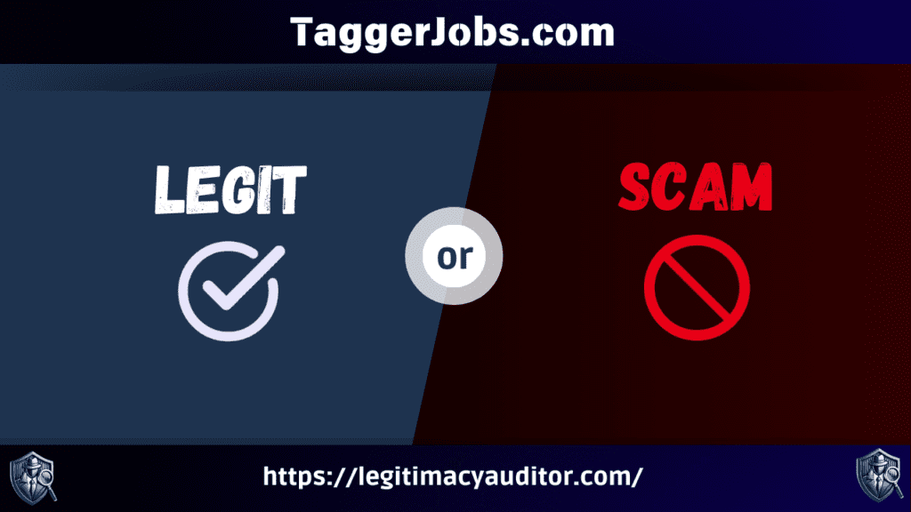 A comparison image questioning whether TaggerJobs.com is "Legit" or a "Scam," with a blue checkmark on the left and a red prohibition symbol on the right. The image includes a link to LegitimacyAuditor.com.