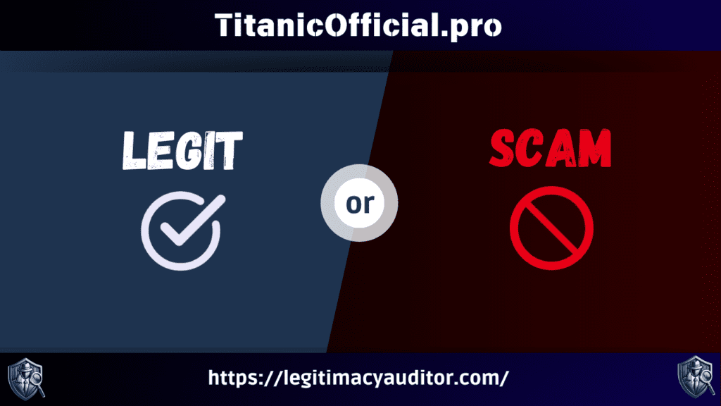 Legitimacy check graphic featuring 'Legit' in white on a blue background with a checkmark icon and 'Scam' in red on a dark red background with a prohibition icon. The name TitanicOfficial.pro is displayed at the top, with a URL link to legitimacyauditor.com at the bottom.