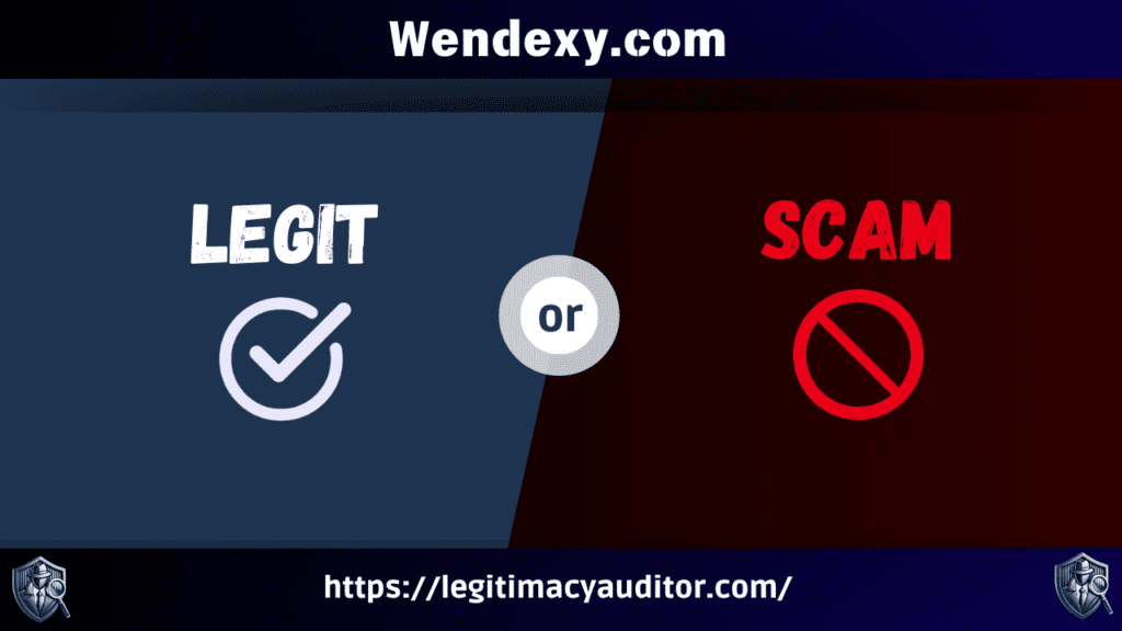 A comparison image questioning whether Wendexy.com is "Legit" or a "Scam," with a blue checkmark on the left and a red prohibition symbol on the right. The image includes a link to LegitimacyAuditor.com.